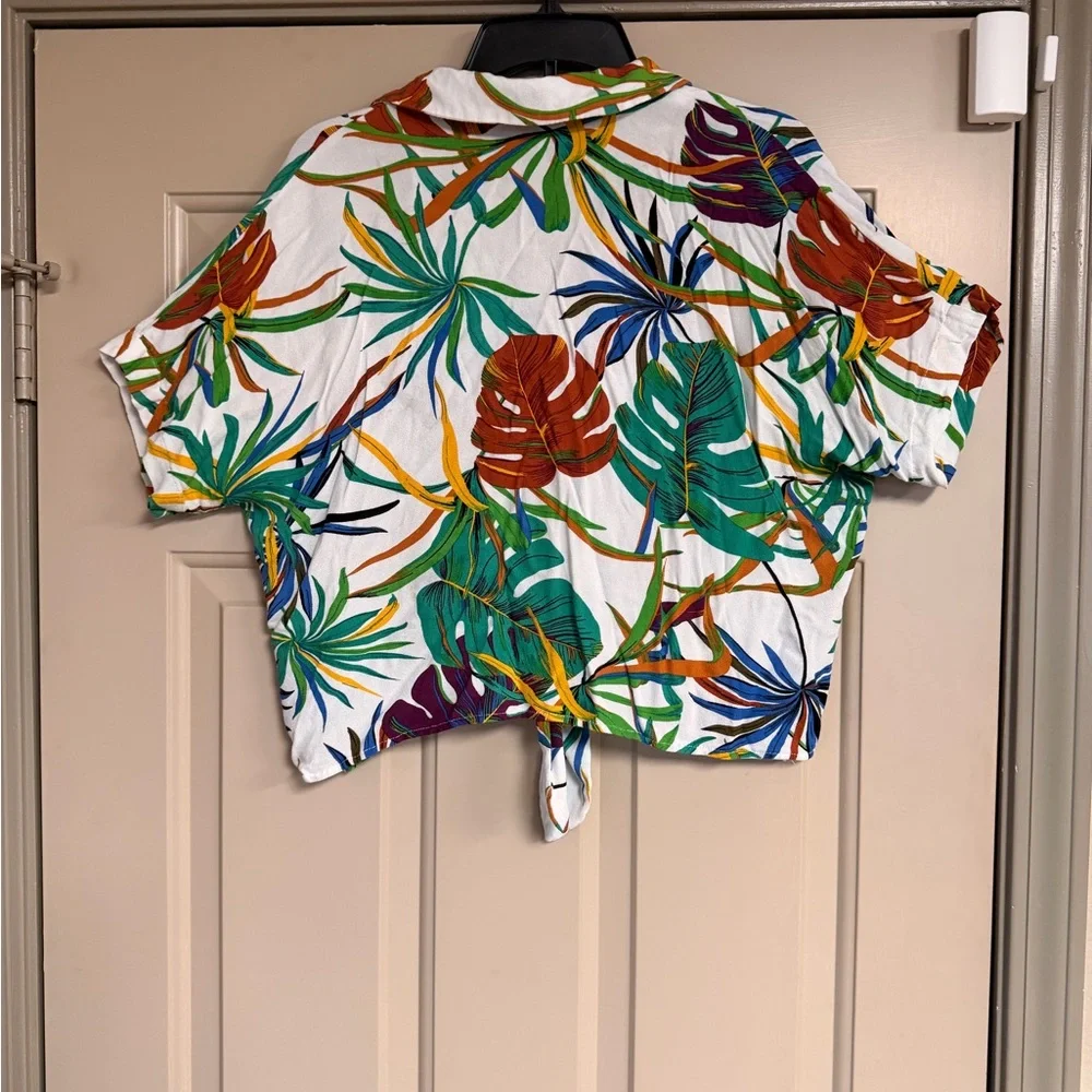 Chelsea & Theodore Size XL Tropical Leaf Print Crop Top Green Blue Rust Yellow - Picture 6 of 6